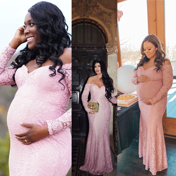 Pinkblush Mauve Pink Sweetheart Neckline Lace Off Shoulder Maternity Maxi Dress - Picture 3 of 12
